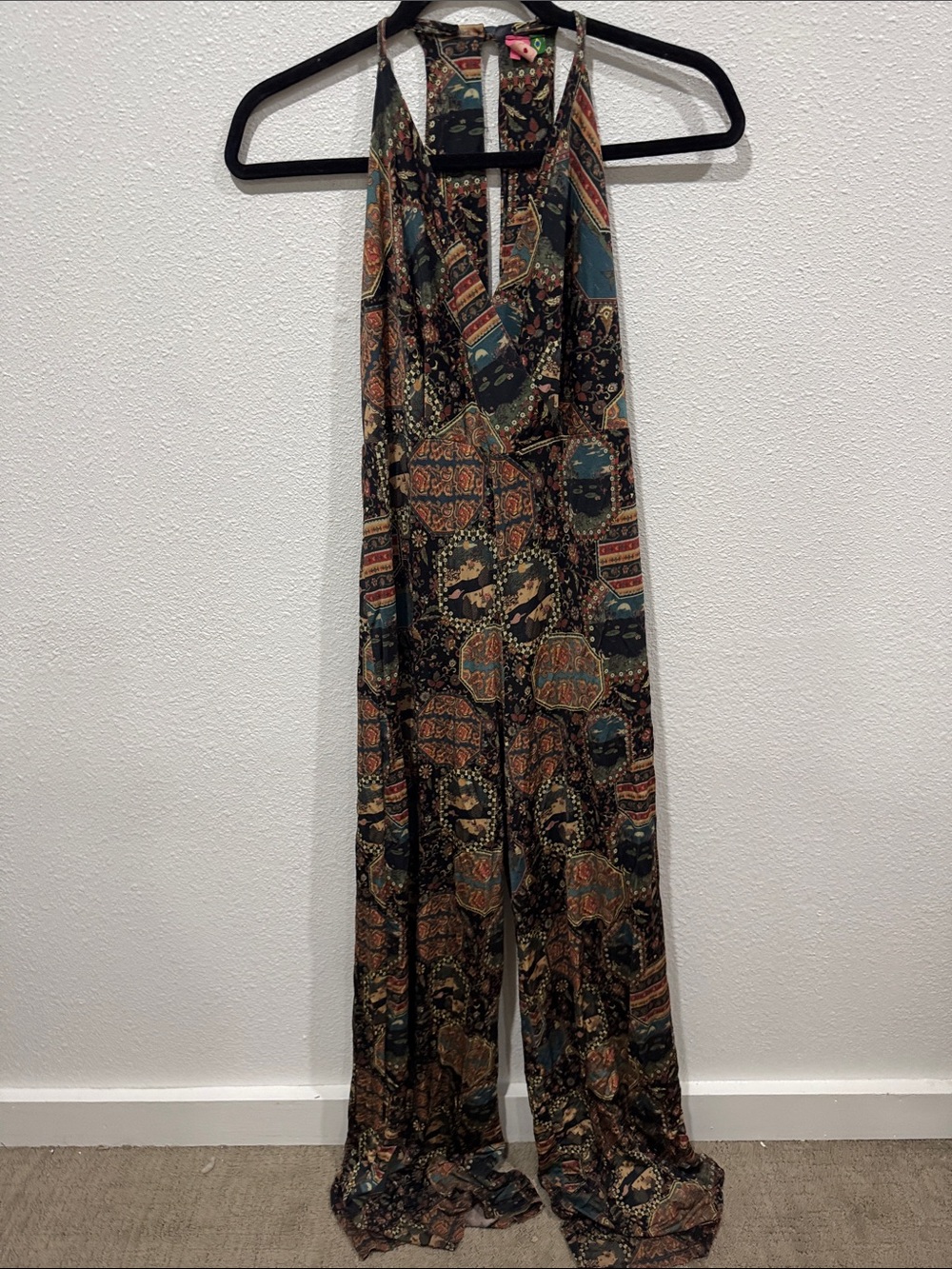 FARM Rio Printed Halter Patchwork Jumpsuit in Teal, Rust & Black